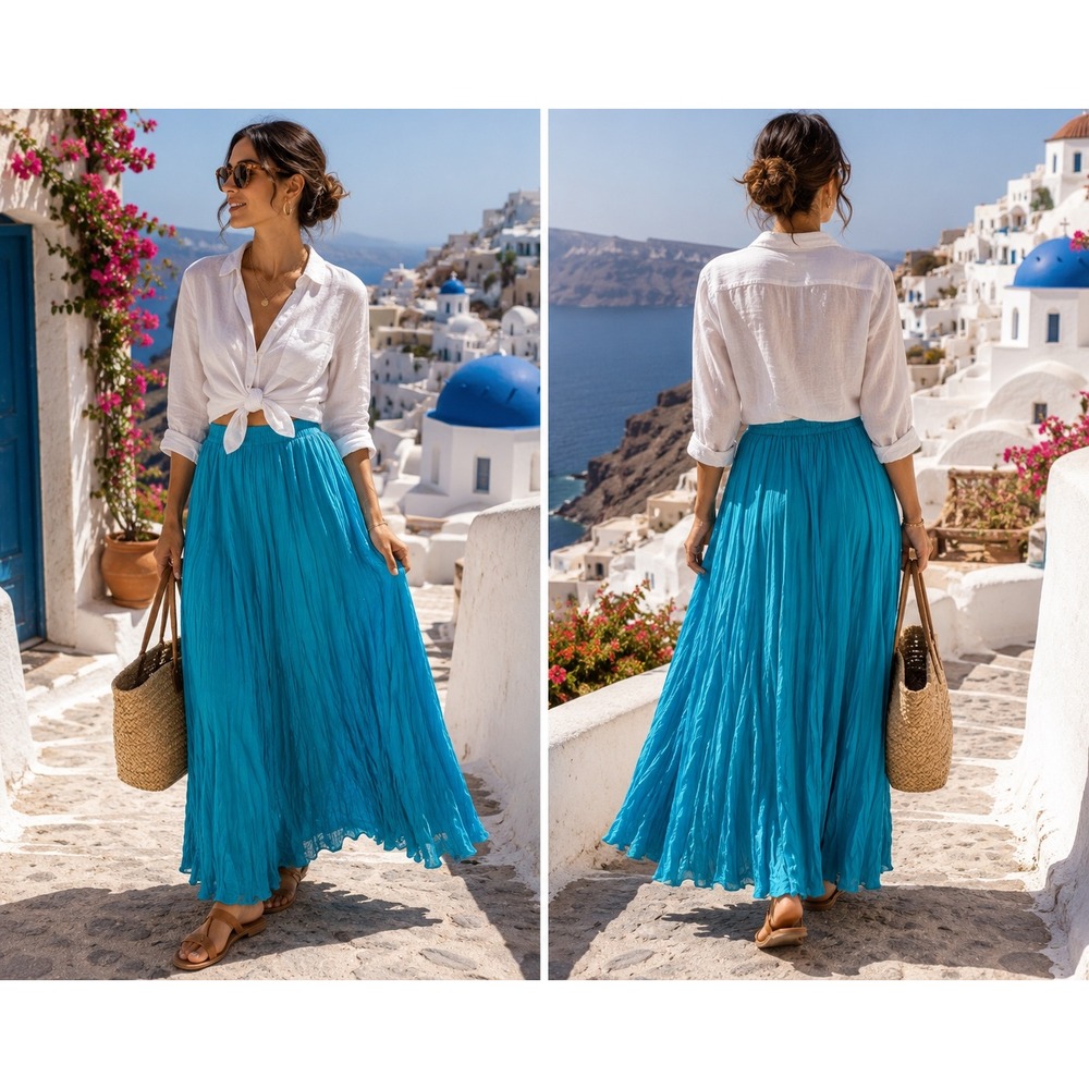 Savannah 100% Silk Boho Chic Whimisgoth Blue Broomstick Crinkle Maxi Skirt Small